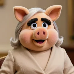 a portrait of miss piggy smiling as sara netanyahu, neutral colors, warm, sharp