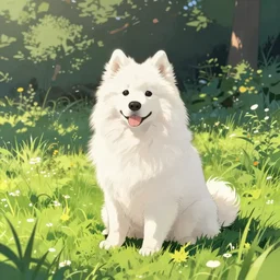 a samoyed dog sitting in the middle of sunny meadow, colored, by Hiromu Arakawa