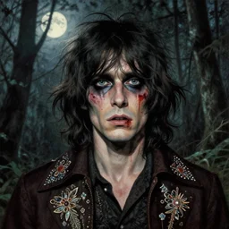 a beautiful but sinister man in layers of fear, with haunted eyes and wild hair, 1 9 7 0 s, seventies, woodland, a little blood, moonlight showing injuries, delicate embellishments, painterly, offset printing technique, by brom, robert henri, walter popp