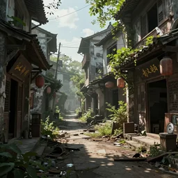 abandoned asian street, style by wlop, by feng zhu, by artgerm, concept art, hyper detail, photorealistic, artstation, cgsociety, octane render, cinematic color, radiant lighting