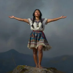 a young indigenous woman at the top of a mountain, with arms wide open, art by greg rutkowski