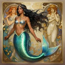 Sudanese Mermaid, highly detailed, digital painting, artstation, concept art, smooth, sharp focus, illustration, Unreal Engine 5, 8K, art by Ross Tran and Greg Rutkowski and Alphonse Mucha
