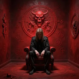 a man philosophy schizophrenic is sitting in a red room with infernal symbols and sigils and runes for death and anger 8K height detailed