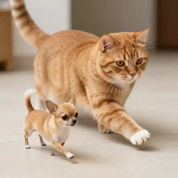 a big fat orange cat chasing a small tan chihuahua