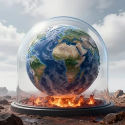 hyper realistic, high detail photo of epic flat earth in glass dome with bright white heavens above glass dome and below ground is hell,
