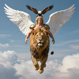 full body render angelic warrior hovering above the clouds with the head of a lion, head of a bear, head of an eagle, head of a human male and 6 angelic wings