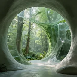 Hyper realistic,interior design,organic form,plaster, green,transparency, view of forest,Future design,architecture design,parametric architecture,covers by textile,environment,morning light,Cinematography,mega scans,cinematic,hyper realistic,photo real,cinematic composition,highly detailed,vray,8k render, extremely realistic H 1024
