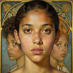 an art nouveau, ( streamline moderne ), multi - ethnic and multi - racial portrait in the style of charlie bowater, and donato giancola, and charles dulac. natural look. very large, clear, expressive and intelligent eyes. symmetrical, centered, ultrasharp focus, dramatic lighting, photorealistic digital painting, intricate ultra detailed background.