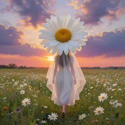 giant white daisy flower crown as head veil, girl walking in a flower field, surreal photography, sunrise, dramatic light, impressionist painting, colorful clouds, digital painting, artstation, simon stalenhag