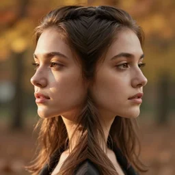 portrait of a beautiful woman. very coherent symmetrical artwork. cinematic, hyper realism, high detail, 8k, soft autumn sunlight, natural background, 50 mm lens photography, 3/4 view