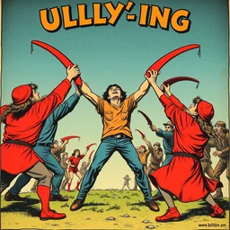 bullying, the victim is in the center, around the bullers are swinging up boomerangs. propaganda poster, by bilibin
