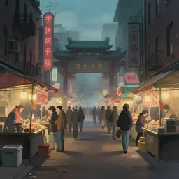 night market in chinatown, foggy evening, matte painting, studio ghibli, artstation