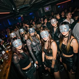 photograph of a retro techwear female group near the bar of a packed busy rundown nightclub, lots of people, sharp and sparkly masks, retrofuturism, brutalism, cyberpunk, sigma 85mm f/1.4, 15mm, 35mm, tilted frame, long exposure, 4k, high resolution, 4k, 8k, hd, wide angle lens, highly detailed, full color, harsh light and shadow, film grain
