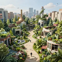 a beautiful hyperdetailed render of garden architecture urbex abandoned nature industrial architecture city building by camille pissarro, fisheye liberty city reclaimed by nature retro lightpaint alien sci - fi thermal vision postcyberpunk otherworldly san andreas landscape, archdaily, wallpaper, highly detailed, trending on artstation.