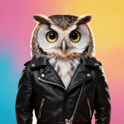 cute owl wearing black biker jacket, portrait photo, backlit, studio photo, background colorful