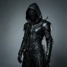 ash maker, black leather, cyberpunk reaper, mysterious photo realism, style of roger fenton, flash photo