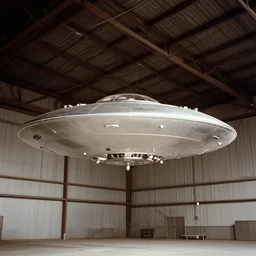 flying saucer, ufo, alien ship inside a hanger, old photo, vintage photo, grainy, realistic, real photo, men in hazmat suits standing around