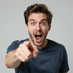 clickbait thumbnail of a man with a shocked face screaming at the camera and pointing at an object