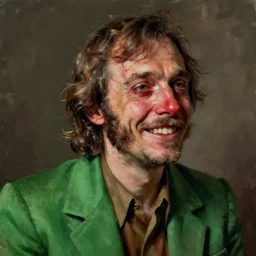portrait of a melancholy bedraggled man with 70s mutton chops and sideburns, wearing a 1970s green blazer with a tapered collar, looking out and grinning with bloodshot eyes and a swollen red nose, 44 years old mature caucasian male, just a total wreck of a human being, in the style of Jenny Saville, Alex Kanevsky, trending on ArtStation, expressive, atmospheric, textured brush strokes, soulful impressionism, intimate digital art
