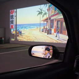 fuji 5 0 r, 3 5 mm ; sunrise, ferrari style car interior with side mirror window view like ; in background a projection of beautiful hyperrealistic film still from ronin ( 1 9 9 0 ) beach promenade scene directed by tati in style of 1 9 9 0 s frontiers in miniature porcelain kintsugu design magazine seinen manga edition, real - life seinen manga porcelain sci - fi font izakaya sign, highly detailed, cinematic lighting, 8 k