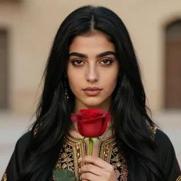 young girl arabic oriental, black long hair, sharpe eyes very very beautiful, holding red rose high resolution 8 k, very detailed