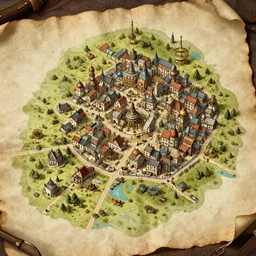 detailed map of a small steampunk town, on a color papyrus