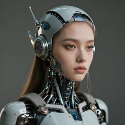 Fine art photography portrait of a solarpunk half robot half human girl with real human face, highly detailed, photorealism, cinematic lighting 8k