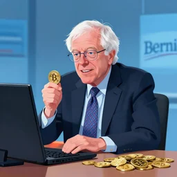 very excited bernie sanders trading shitcoin cryptocurrencies on his computer online, late night tv ad style