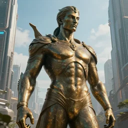 futuristic city, fantasy artwork, very beautiful scenery, in background there giant human bronze statue, hd, hdr, ue 5, ue 6, unreal engine 5, cinematic 4 k wallpaper, 8 k, ultra detailed, by popular digital, details, beautiful image ever created, high resolution, artstation, award winning, detailed body, details face, realistic body proportions