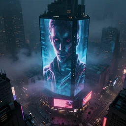 giant illuminated advert screens, eerie fog, megacity streets seen from above, neon signs, blade runner, ex machina