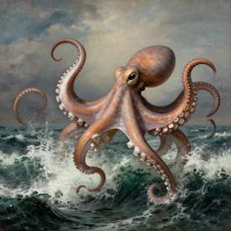 giant octopus with huge tentacles dancing above the waves of a furious ocean, by jmw turner