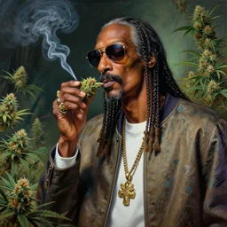 breathtaking detailed concept art painting of snoop dogg smoking weed in a cannabis paradise, by hsiao - ron cheng, exquisite detail, extremely moody lighting, 8 k