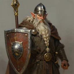 a detailed portrait of a long beard holy dwarf cleric with a long braided beard holding a giant shield, wearing a war - helmet, by justin gerard and greg rutkowski, digital art, realistic painting, dnd, character design, trending on artstation