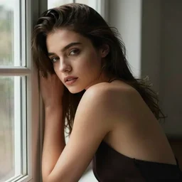 sexy girl with dark brown hair, leaning against the window, ilya kuvshinov