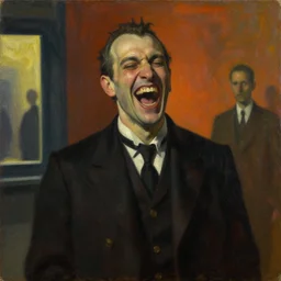 laughing evil mastermind, human subjugation, mind control, dystopian, pj crook, edward hopper, oil on canvas
