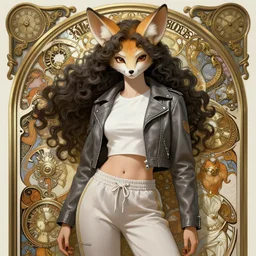 strong female anthropomorphic anthro fennec fursona in short white! top and short gray! leather jacket, long dark curly hair, high waist sweatpants, intricate, elegant, highly detailed, digital painting, artstation, concept art, smooth, clockwork, sharp focus, illustration, metart, art by artgerm and greg rutkowski and alphonse mucha, 8 k