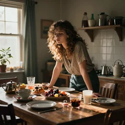 color photo portrait of a messy dining room, morning, worm lighting.