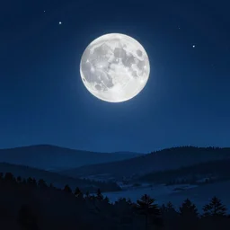 a beautiful landscape at dusk, big moon and stars in the sky, matte painting, dark blue tones, concept art, 4k