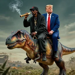 Tone mapped Snoop Dogg and Donald Trump riding a T-Rex and smoking a blunt