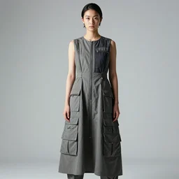 a portrait of a japanese model detailed features wearing a cargo wedding dress - chic'techno fashion trend lots of zippers, pockets, synthetic materials, jumpsuits. - by issey miyake by ichiro tanida and mitsuo katsui
