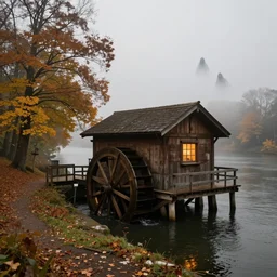 created by ismail inceoglu, this is a false dream. on the bank of the seine river in autumn, there is a wooden hut with picturesque scenery, water wheels, gloomy atmosphere, fantasy, warm and lonely, atmospheric lighting, trending on artstation, inception, fog in the distance, ghosts in the fog