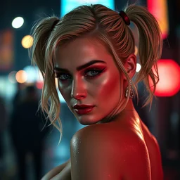 closeup headshot of seductive margo robbie as harley quinn in the rain, wet skin, bokeh, street lights, fog, cyberpunk, bladerunner, backlit, night club, futurepunk, gta v, pinup, nagel, arney freytag, dark moody, cinematic, greg rutkowski, octane!