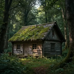 one cottage in the woods , fantasy, hyper realistic, dramatic lighting, 4k