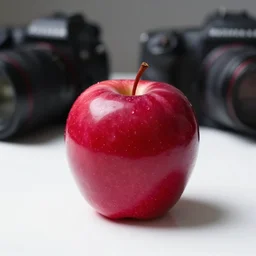 an apple made of solid ruby crystal is sitting on the white table, clear focus, bokeh effect, high res, hasselblad, dslr, professional, cinematic