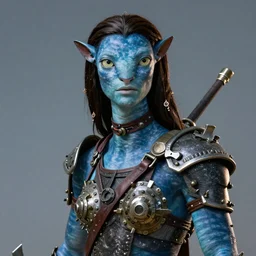 art by greg rutkowski, portrait of a humanoid alien, resembling to the na'vis from avatar, wearing an futuristic gear that looks like a mix between viking, samurai and templar culture, sharp focus, cinematic lighting, artstation hq.