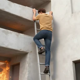 man escaping a burning building climbing down a ladder