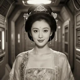 closeup full frontal photo of beautiful sexy  Chinese ancient princess standing in the tight corridor in the space ship, attractive symmetrical face, big eyes and lips, clean face and body skin,ecstatic  face expression, ornamental jewelry and ancient translucent sexy clothes, futuristic space ship interrior, wires with lights,depth of field, lens flare, moody lighting, moody photography, old photo, black and white, sepia, cinematic lighting, cinematic angle, editorial photography
