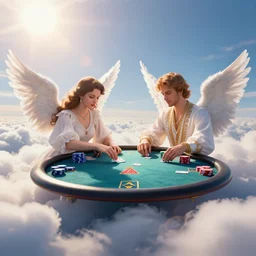 angels playing poker in the heaven clouds sky ligt lens flare 4k