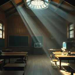 a studying hall designed by frank lloyd wright, tables, blackboard, fish tank, vintage computer, large room, sun beam, dust illuminated by sun beam