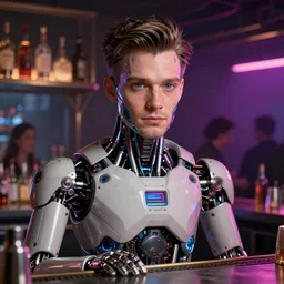 ultra detailed portrait of a futuristic cybernetic cyborg bartender man in a night club, by tom bagshawand anna dittman, bar backdrop, perfect eyes and face, 3 5 mm lens, biomechanical robot, deep depth of field, artstation, 8 k